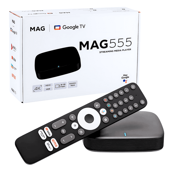Raxxio MAG555 4K Google TV Streaming Box 16GB Storage, 2GB RAM, Voice Control Remote, Dolby Digital 8-Channel Sound
