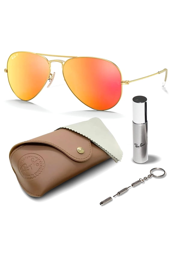 RB3025 AVIATOR FLASH LENSES POLARIZED Pilot Shaped Sunglasses for Men & Women - Includes Official Rayban Eyewear Kit - Ideal Formal & Casual Wear Sunglasses - Orange Flash Lens