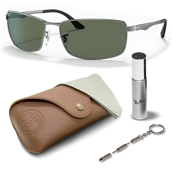 Ray-Ban RB3498 Rectangle Shaped Non-Polarized Sunglasses for Men - Includes Official RAYBAN Eyewear Kit - Ideal Formal & Casual Wear Sunglasses - G-15 Green Lens