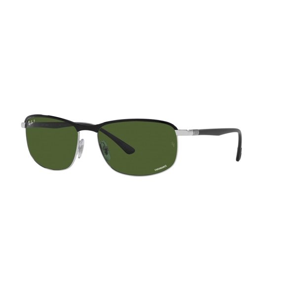 Ray-Ban RB3671CH Rectangular Sunglasses, Black On Silver/Dark Green Polarized, 60 mm