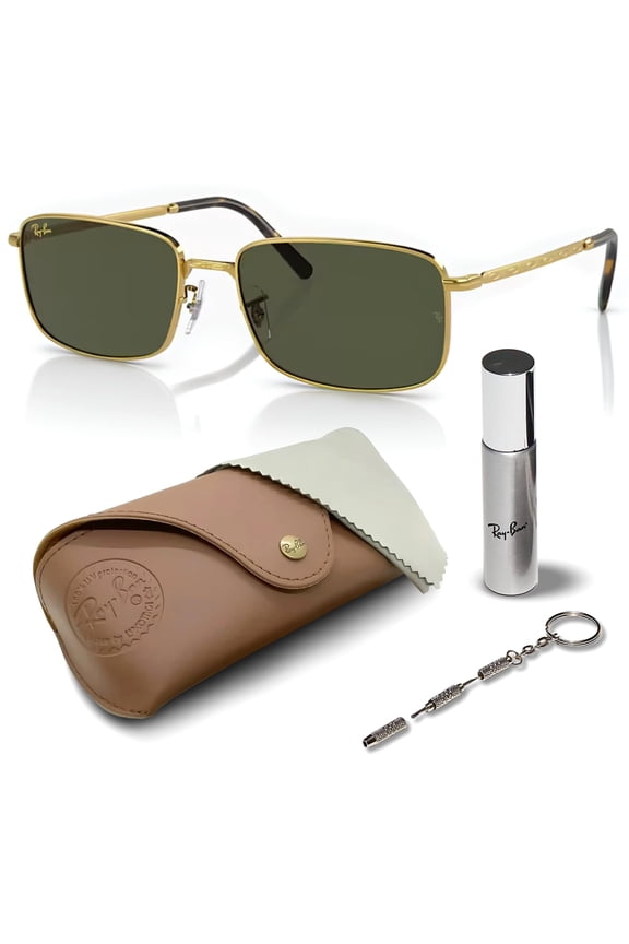 RB3717 Rectangle Shaped Non-Polarized Sunglasses for Men & Women - Includes Official RAYBAN Eyewear Kit - Ideal Formal & Casual Wear Sunglasses - Green Lens