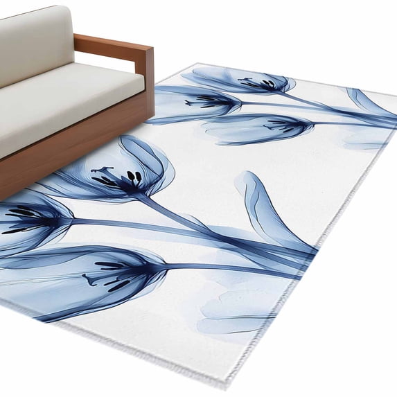 Ray Flower Area Rug 4x6ft Abstract Blue Tulip Transparent Floral Non-Slip Washable Square Rugs Soft Felt Indoor Floor Mat for Bedroom Kitchen Living Room Bathroom