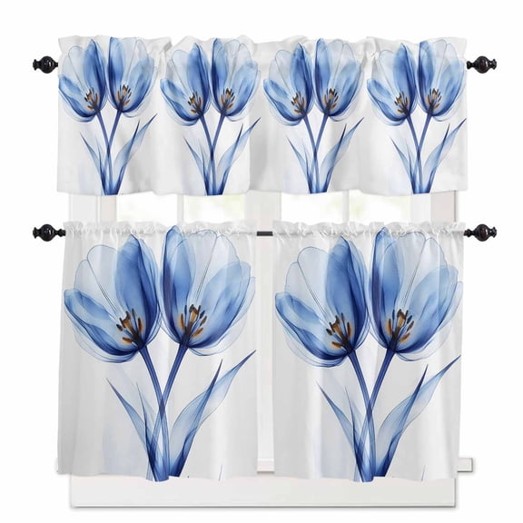 Ray Flower Kitchen Curtains Valance and Tier Set Abstract Blue Transparent Tulip Rod Pocket Short Curtains for Small Window 3 Pieces Set for Bedroom Bathroom Cafe (54" x 18"+27" x 24")