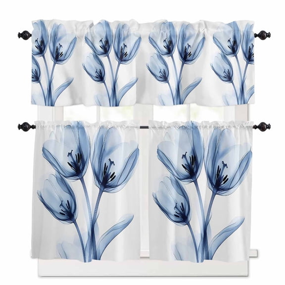 Ray Flower Kitchen Curtains Valance and Tier Set Abstract Blue Tulip Transparent Floral Rod Pocket Short Curtains for Small Window 3 Pieces Set for Bedroom Bathroom Cafe (54" x 18"+27" x 24")