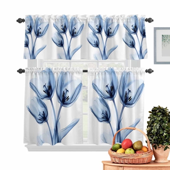 Ray Flower Kitchen Curtains Valances 3 Piece Set, Abstract Blue Tulip Transparent Floral Rod Pocket Tier Curtain and Valance Drapes for Small Window 36 Inch Length for Bedroom Cafe