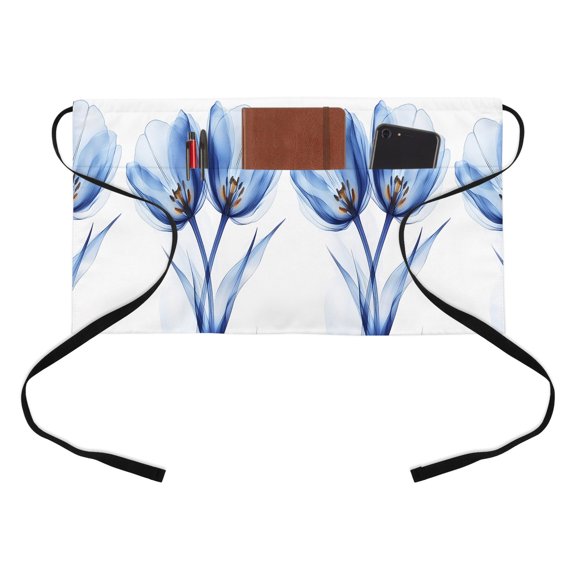 Ray Flower Kitchen Restaurant Half Waist Apron, Abstract Blue Transparent Tulip Server Short Apron with 3 Pockets Waterproof Oil Waist Aprons for Women Waitress Waiter