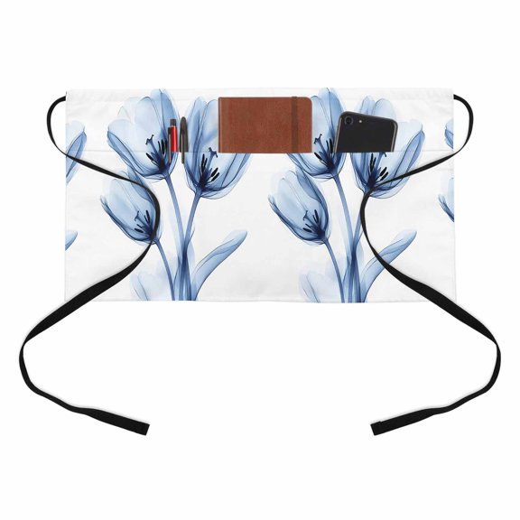 Ray Flower Kitchen Restaurant Half Waist Apron, Abstract Blue Tulip Transparent Floral Server Short Apron with 3 Pockets Waterproof Oil Waist Aprons for Women Waitress Waiter