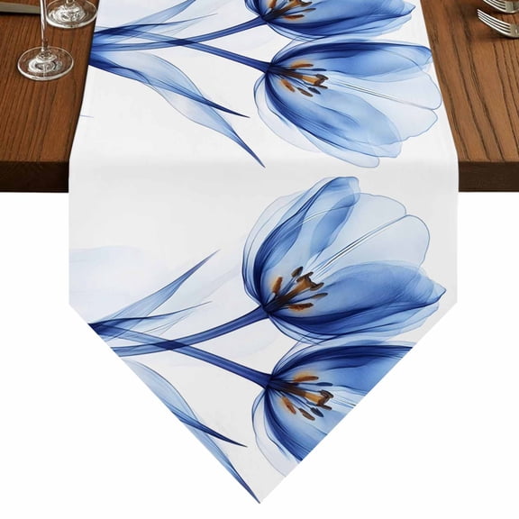 Ray Flower Table Runner for Dining Room, Abstract Blue Transparent Tulip Cotton Linen Dining Table Runner Tablecloth Dresser Scarves for Kitchen Cafe 13x36 Inches Long