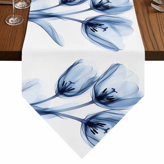 Ray Flower Table Runner for Dining Room, Abstract Blue Tulip Transparent Floral Cotton Linen Dining Table Runner Tablecloth Dresser Scarves for Kitchen Cafe 13x36 Inches Long