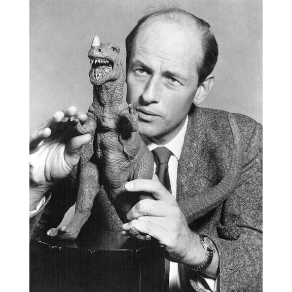 Ray Harryhausen moves his Tyrannosaurus model One Million Years BC 8x10 photo