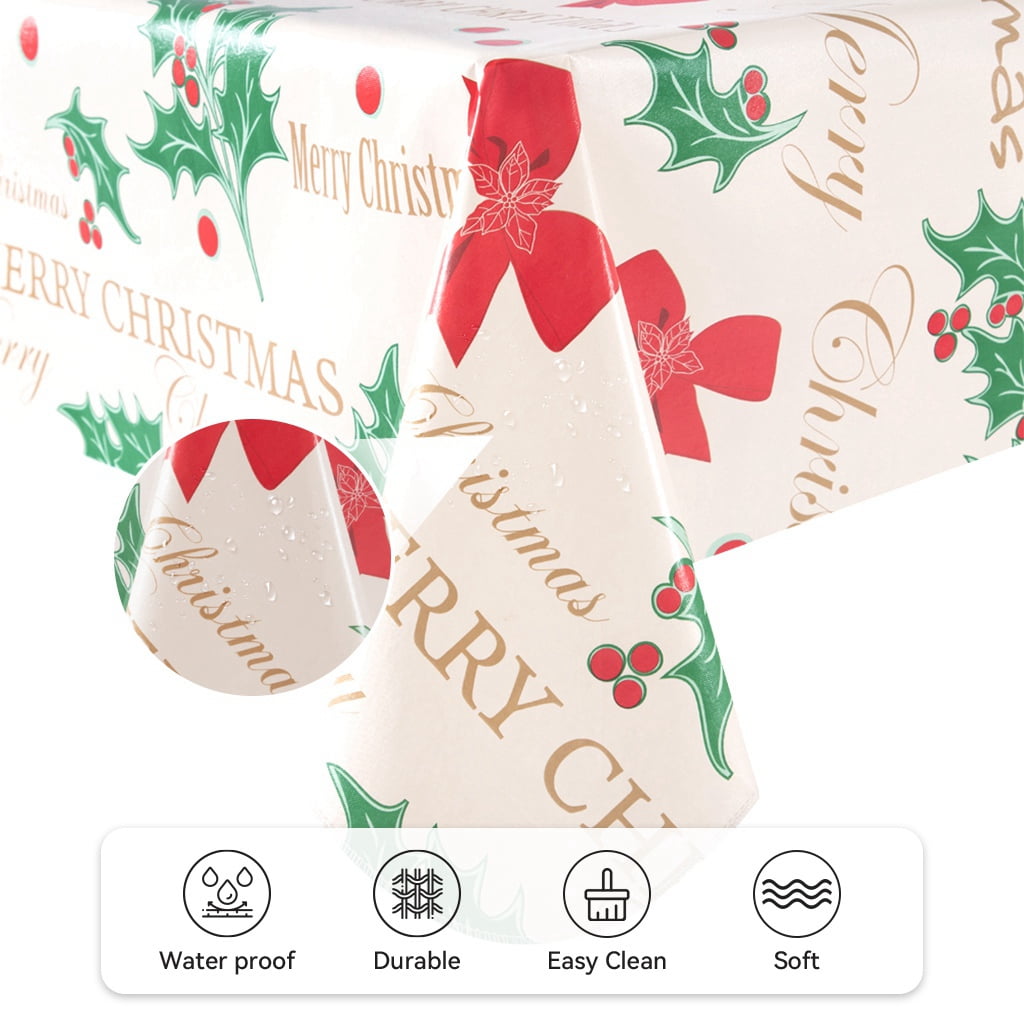 Ray Star 100% Waterproof Christmas PVC Tablecloth 60x84in, Vinyl Table Cloth Cover Oil Proof Spill Proof Wipeable Table Cloths with Flennal Backing