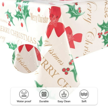 Ray Star 100% Waterproof Christmas PVC Tablecloth 60x84in, Vinyl Table Cloth Cover Oil Proof Spill Proof Wipeable Table Cloths with Flennal Backing
