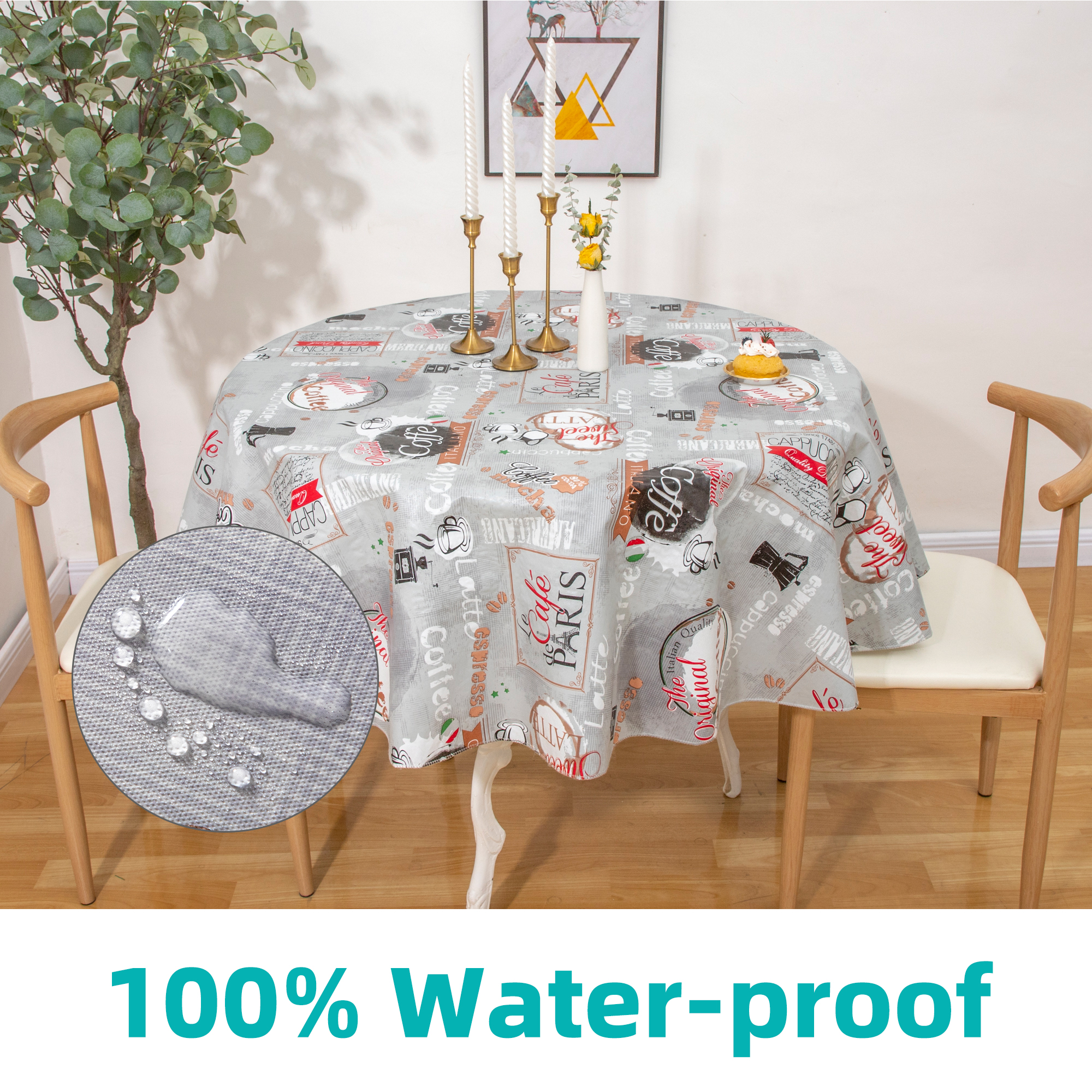 Ray Star 60in Flannel Backed Vinyl Tablecloth, Waterproof Round Table