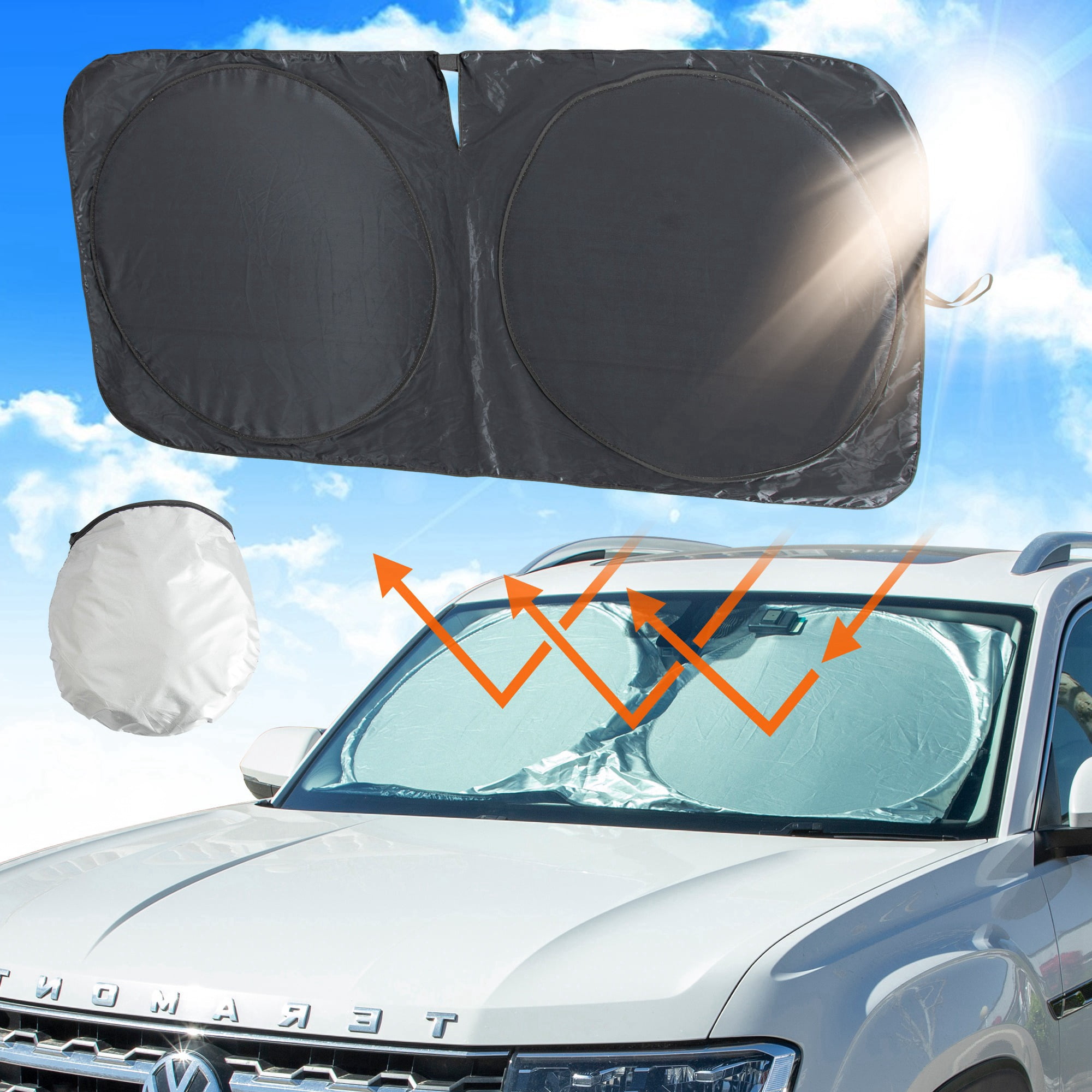 Ray Star Windshield Sun Shade 62''x32''Reflective 240T Thickest Polyester Car Sun Visor with Mirror Cut-Out for Car Sun Visor Protector Blocks 99% UV Rays to Keep Your Vehicle