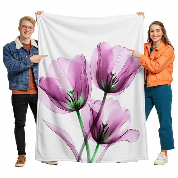 Ray Tulip Flannel Blanket for Bed,Travel and Camping, Transparent Pink Flowers Super Soft Cozy Blanket for All Seasons 60"x80"