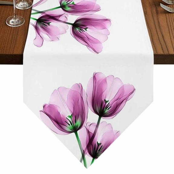 Ray Tulip Table Runner for Dining Room, Transparent Pink Flowers Cotton Linen Dining Table Runner Tablecloth Dresser Scarves for Kitchen Cafe 13x72 Inches Long