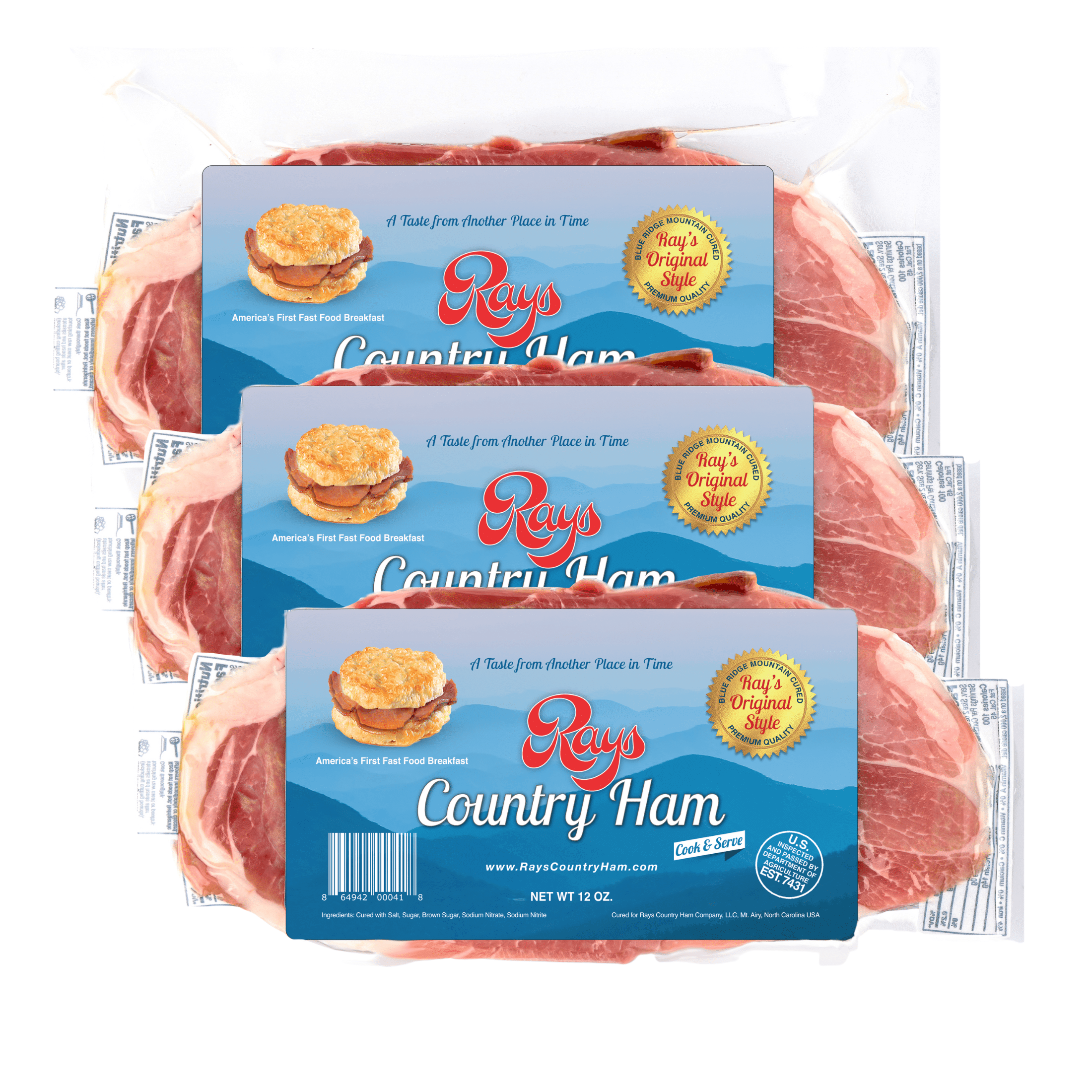 Rays Country Ham, 2.25 lbs Center Slices. 3 Pack  Blue Ridge Mountain Cured, Vacuum-Sealed, Dry-Cured, Shelf-Stable.