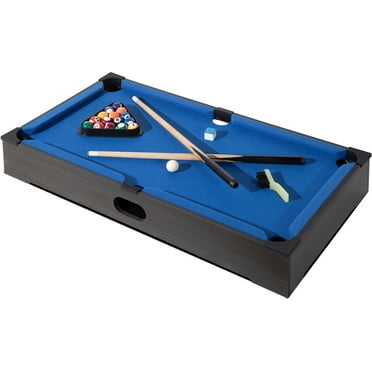 RayChee 27in Mini Pool Table Set, Tabletop Portable Billiards Game w/Small Billiards Balls, Pool Cues, Triangle Rack, Chalk, Brush for Adults, Kids, Cats, Toddlers (Woodgrain Color)
