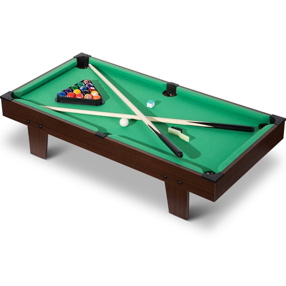 RayChee 36in Mini Tabletop Pool Set Portable Billiards Game, Includes Game Balls, Sticks, Chalk, Brush and Triangle for the Family, Office, Party (Light Woodgrain)