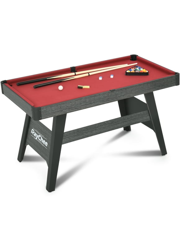 RayChee 4-Ft Pool Table, Portable Billiard Table for Kids and Adults, Mini Billiards Game Tables W/ 2 Cue Sticks, Full Set of Balls, Triangle, Chalk, Brush for Family Game Bar Gym Room (Red)