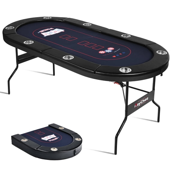 RayChee 8 Player Foldable Poker Table, Folding Texas Holdem Table, Portable Casino Table for Game Room with Padded Rails and Cup Holders (Black, 71 inch)