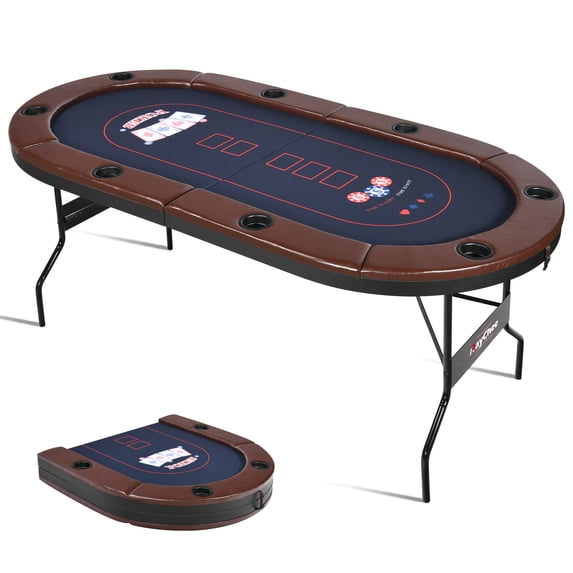 RayChee 8 Player Foldable Poker Table, Folding Texas Holdem Table, Portable Casino Table for Game Room with Padded Rails and Cup Holders (Brown, 71 inch)