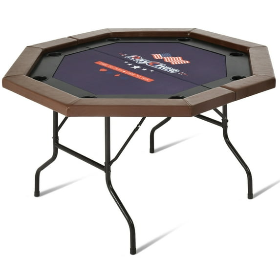 RayChee 8 Players Poker Table Foldable,50inch Upgraded Folding Octagon Casion Table, Portable Texas Holedem Table w/Stainless Steel Cup Holders, Water-Resistant Cushioned Rail (50inch, Brown)