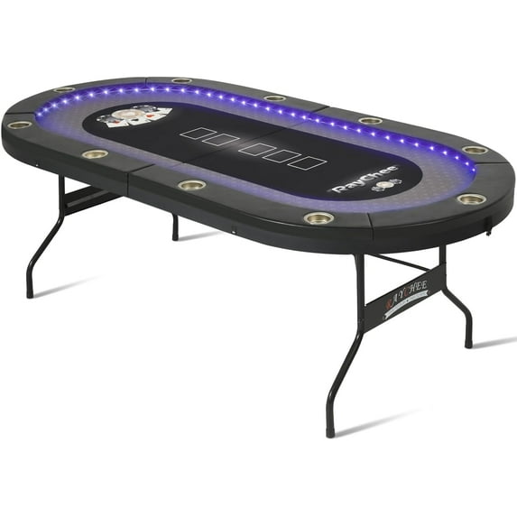 RayChee 84 inch Poker Table Foldable, 10 Player Folding Texas Holdem Table w/Inlaid LED Light, 2 USB & 2 Type-c Ports, Portable Blackjac for Texas Card Game w/Cup Holders and Padded Rails(Black)
