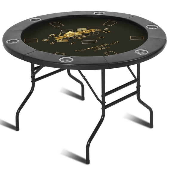 RayChee Round Poker Table Foldable, Folding Texas Holdem Table, 6 Players Portable Casino Card Game Table w/Water-Resistant Cushioned Rail and Stainless Steel Cup Holders (Black, 46 Inch)