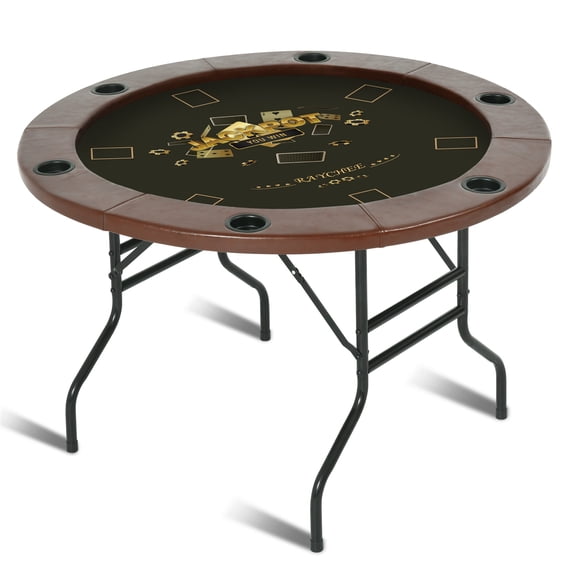 RayChee 46in Round Poker Table Foldable, Folding Texas Holdem Table, 6 Players Portable Casino Card Game Table w/Water-Resistant Cushioned Rail and Stainless Steel Cup Holders