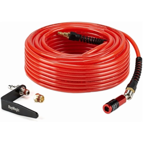 RayMagic Air Compressor Hose 1/4 Inch x 100 Feet Flexible Reinforced Polyurethane(PU) Air Hose 300PSI With 5IN1 Universal 1/4" Swivel Coupler&Plug, Strain Reliefs, 1PCS Hook For Nailer(Red)
