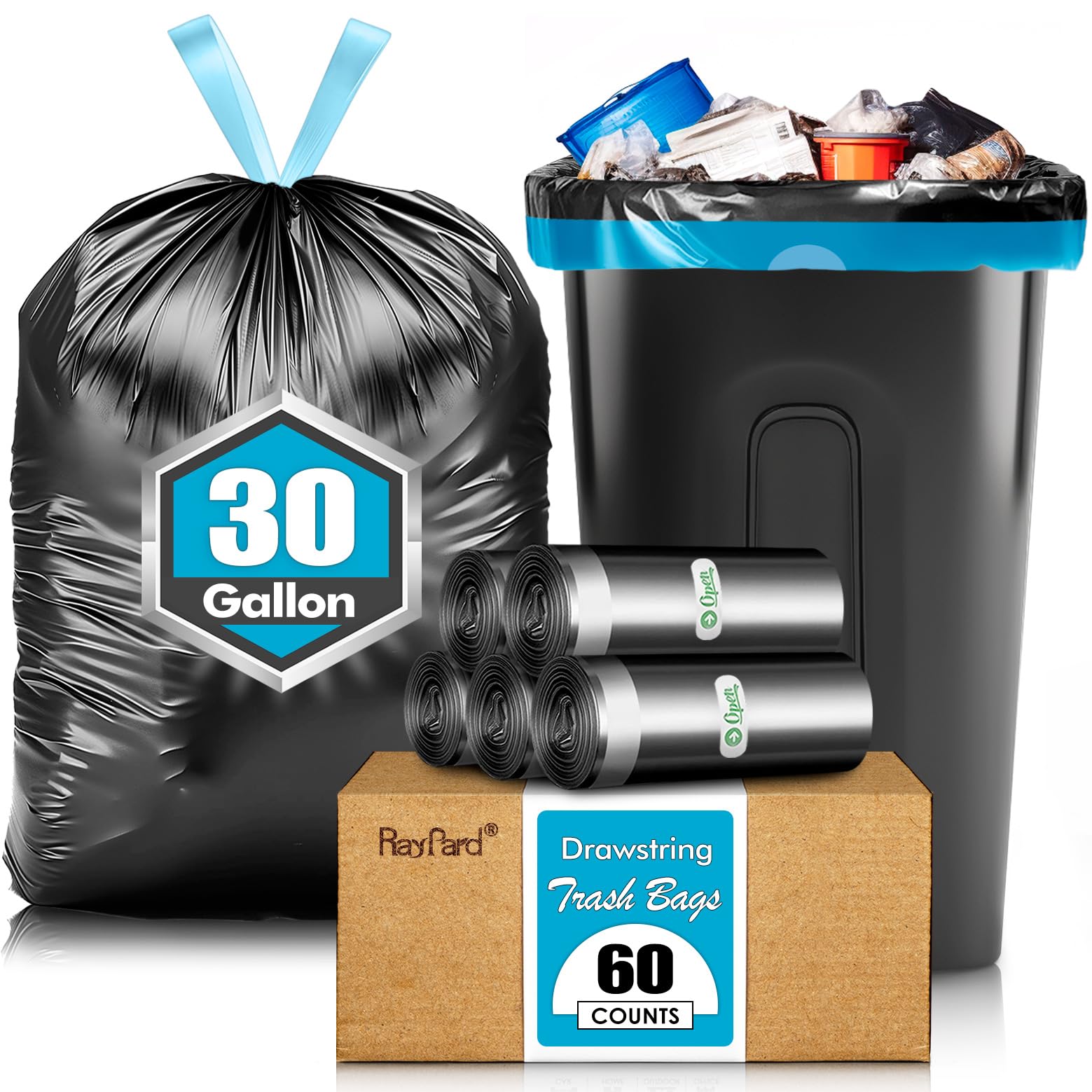 RayPard 30 Gallon Large Drawstring Trash Bags 60 Counts Heavy Duty Tall