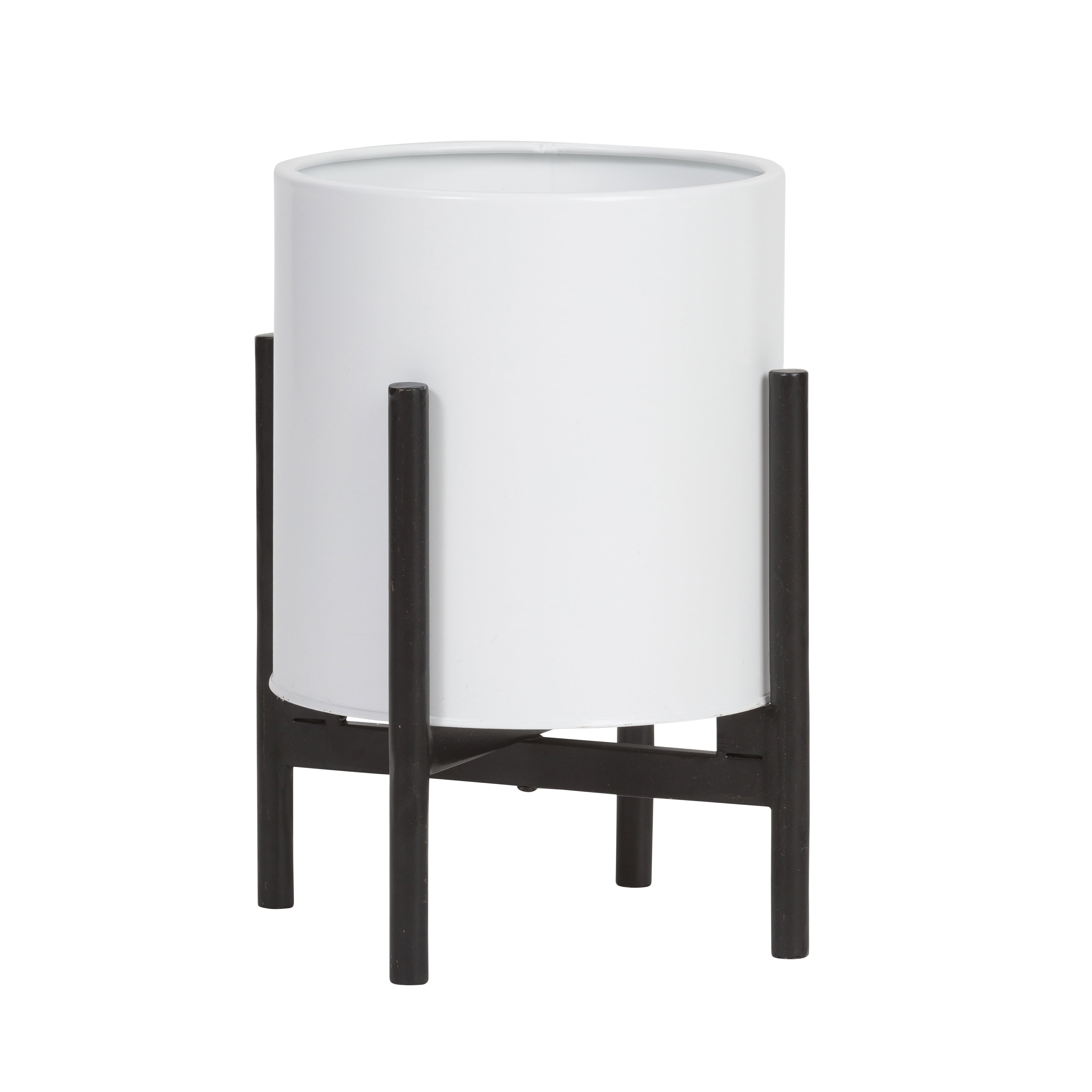 Raya White Mid-Century Modern Indoor Metal Pot Planter with 4-Leg Metal Base - 12" H x 9.5" W