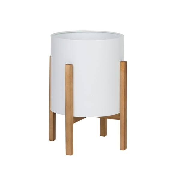 Raya White Mid-Century Modern Indoor Metal Pot Planter with 4-Leg Wood Base - 18.25" H x 14" W
