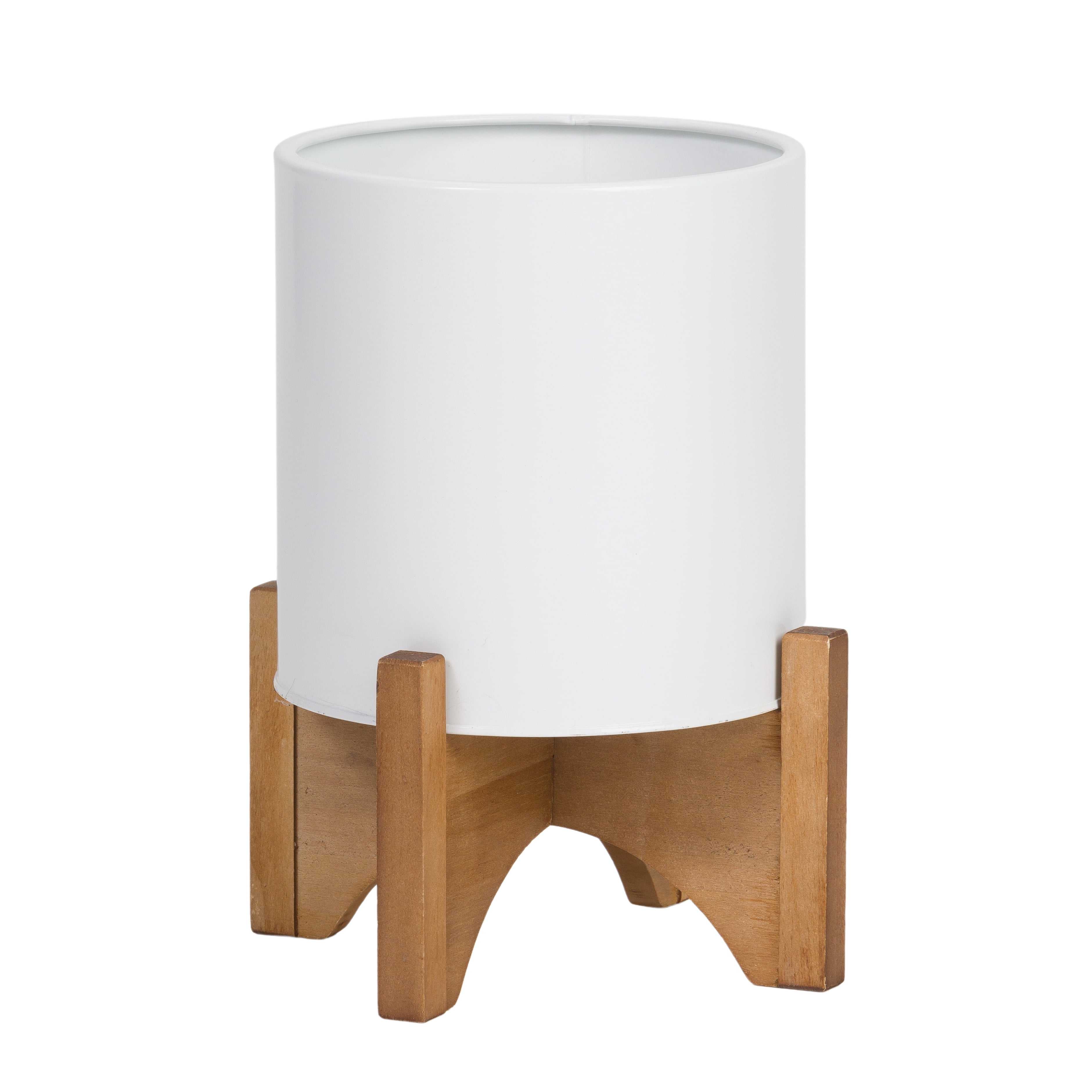 Raya White Mid-Century Modern Indoor Metal Pot Planter with Arch Wood Base - 12.25" H x 9.75" W