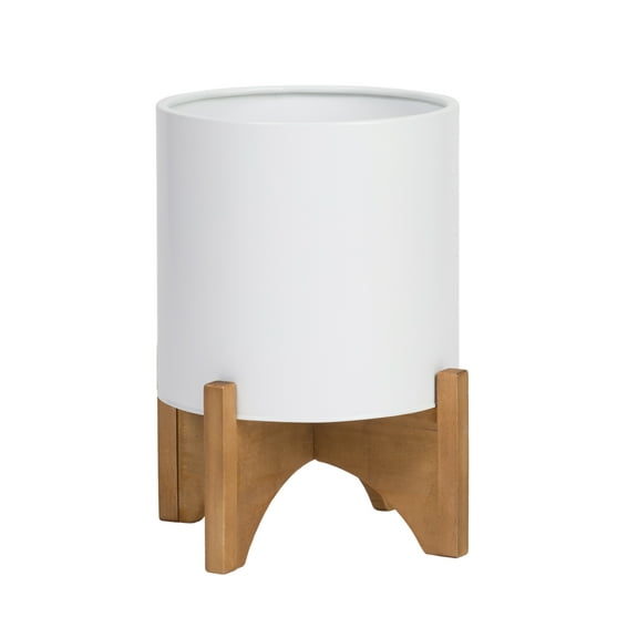 Raya White Mid-Century Modern Indoor Metal Pot Planter with Arch Wood Base - 14.75" H x 12" W