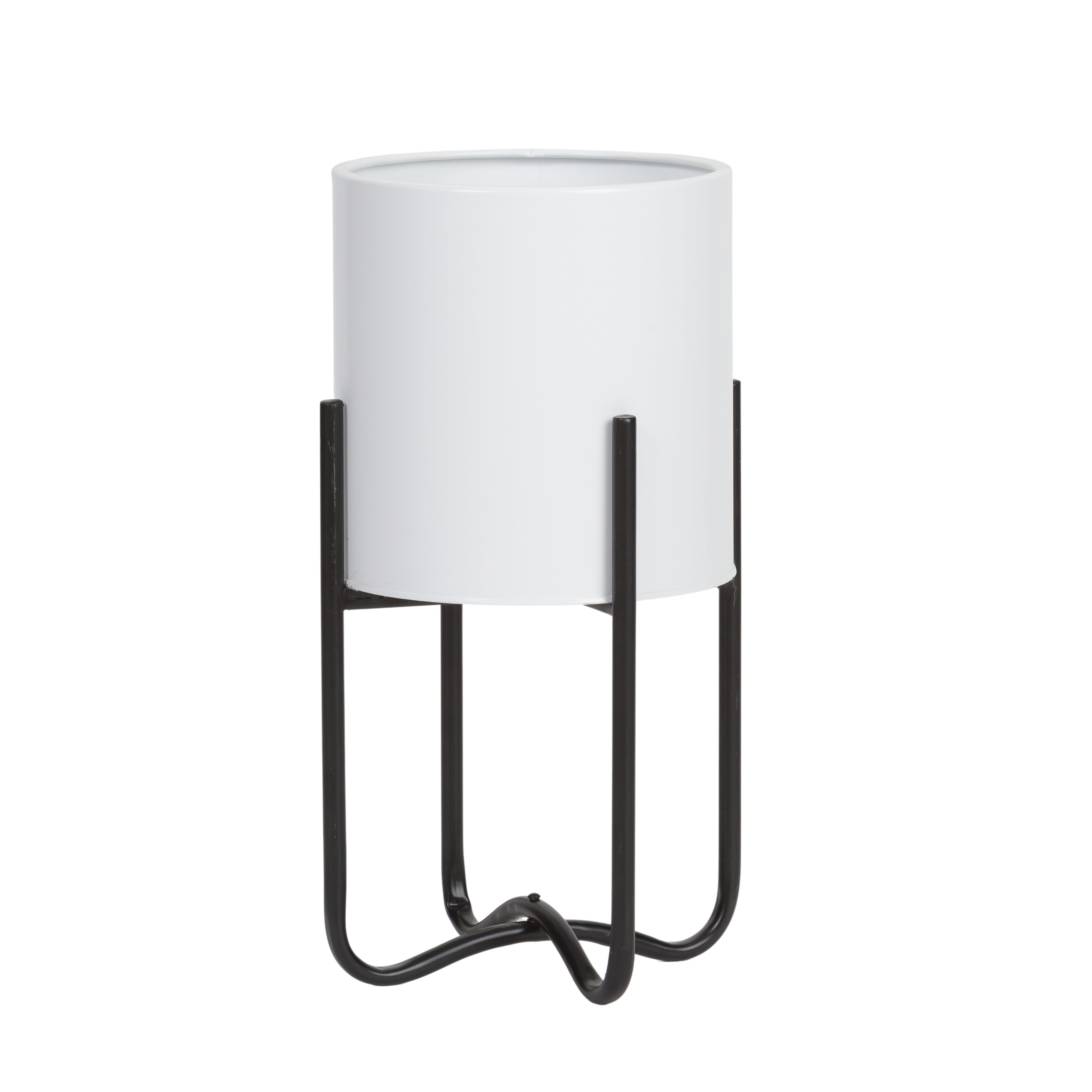 Raya White Mid-Century Modern Indoor Metal Pot Planter with Tall Metal Base - 16.25" H x 9.25" W