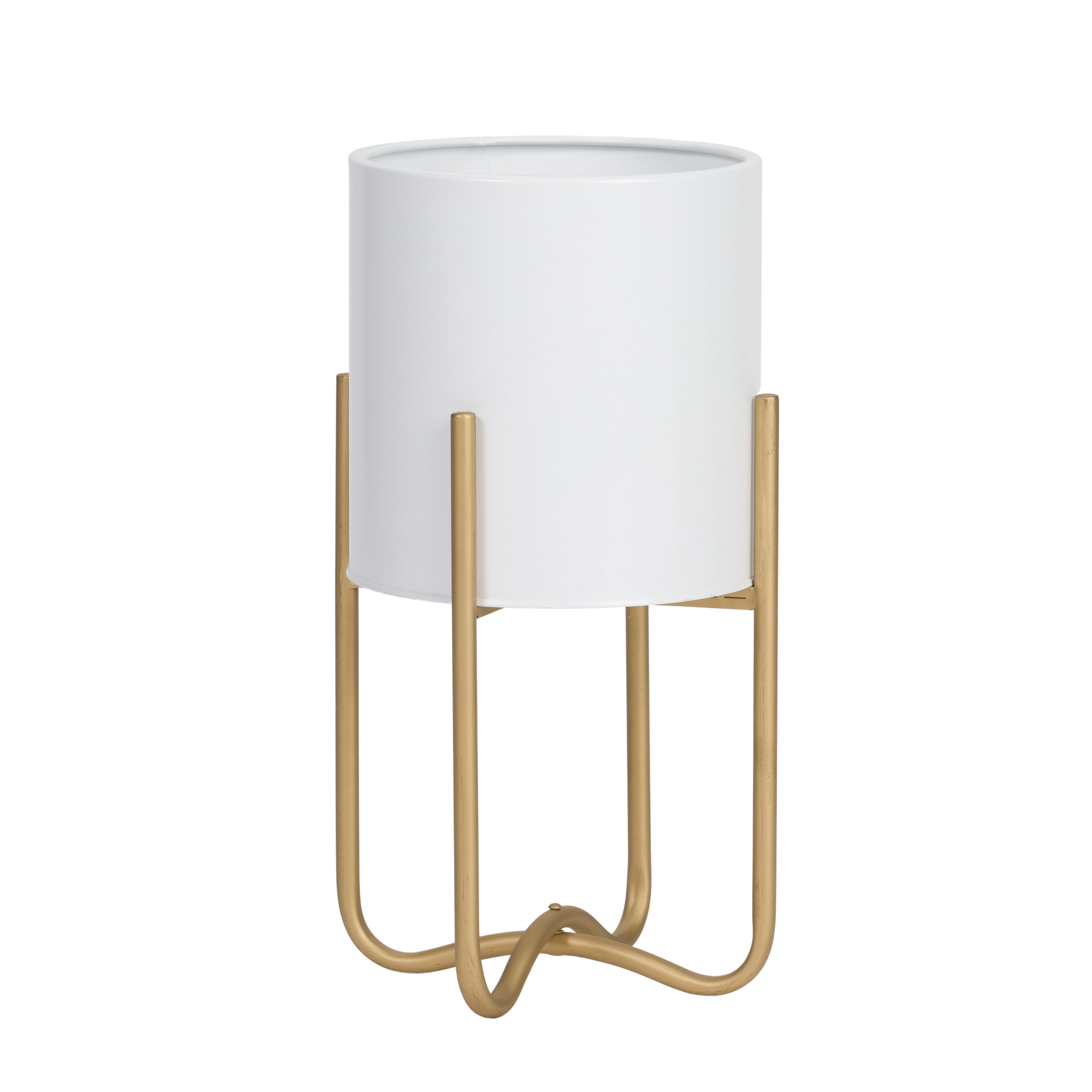 Raya White Mid-Century Modern Indoor Metal Pot Planter with Tall Metal Base - 16.25" H x 9.25" W