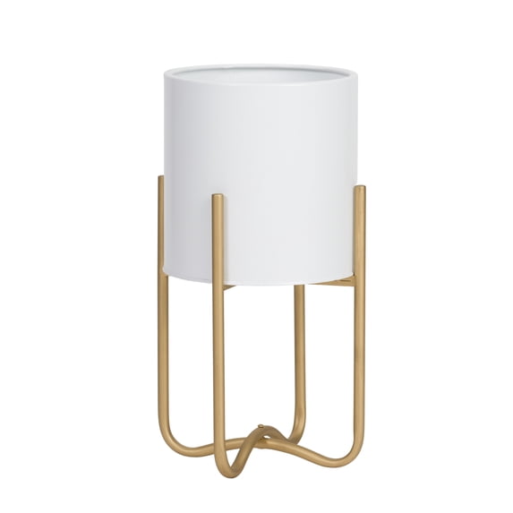 Raya White Mid-Century Modern Indoor Metal Pot Planter with Tall Metal Base - 16.25" H x 9.25" W