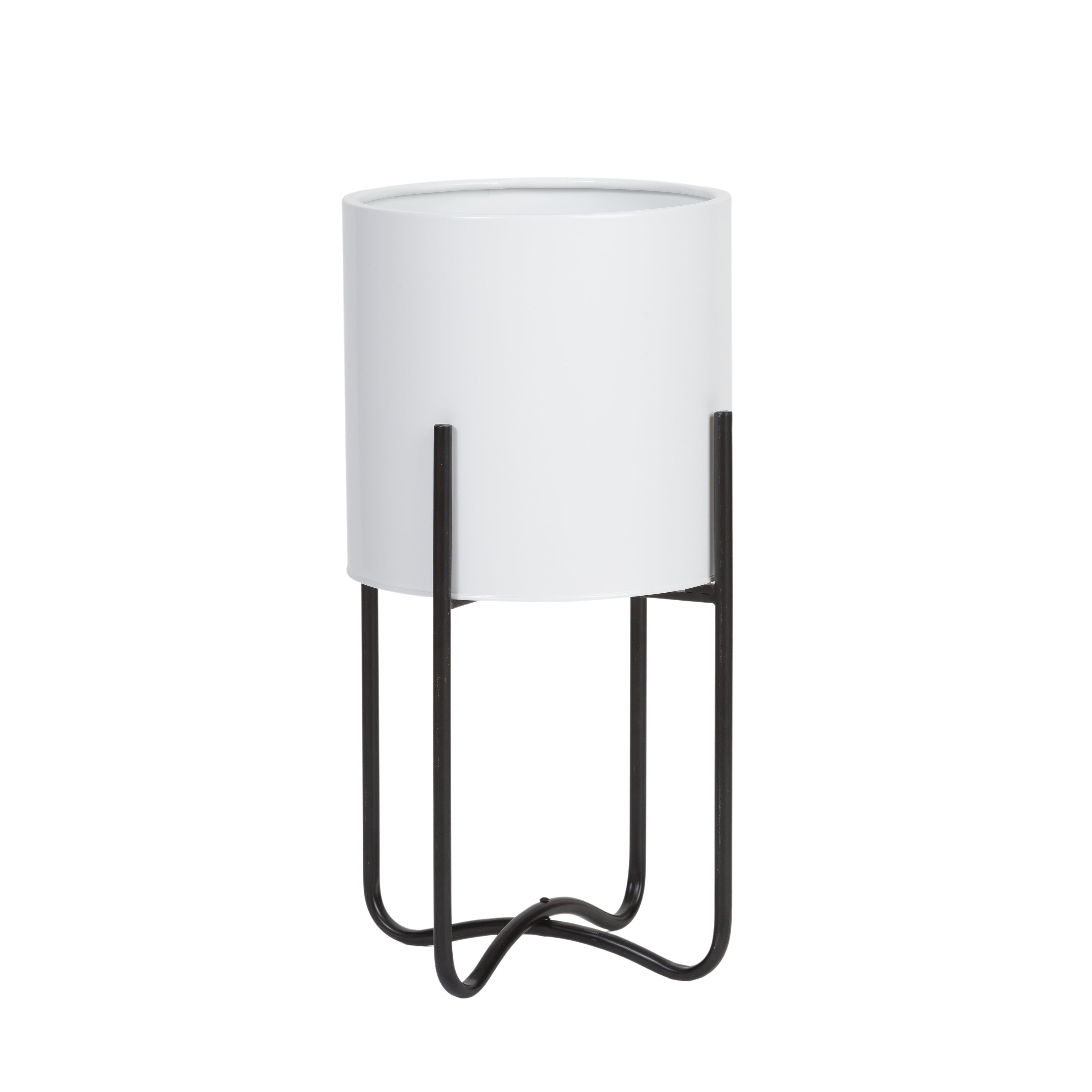Raya White Mid-Century Modern Indoor Metal Pot Planter with Tall Metal Base - 20.5" H x 11.25" W