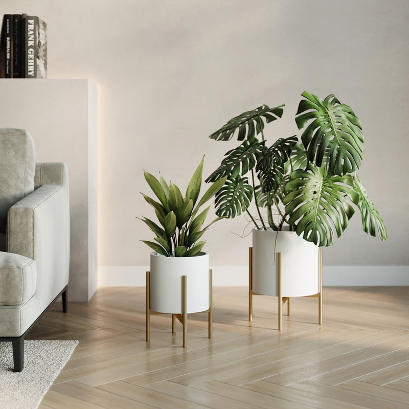 Raya White Planter Pot with Loki Gold Metal Planter Base - (Small & Medium Set)