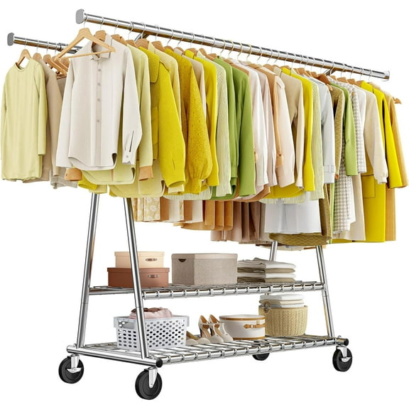 Raybee 78" W Heavy Duty Clothes Rack Loads 630 LBS, Double Rods Clothing Racks for Hanging 400+ Clothes, Clothing Rack with Wheels, Portable Commercial Garment Rack, Chrome