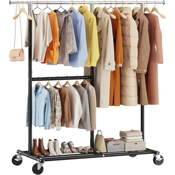 Raybee Clothes Rack Heavy Duty 450LBS, Clothing Racks for Hanging Clothes 200+, Metal Clothing Rack with Wheels, Rolling Commercial Garment Rack Portable, Black