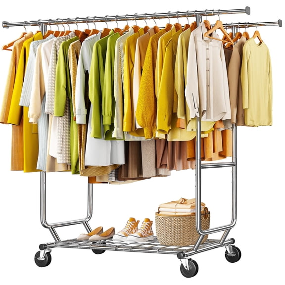 Raybee Clothes Rack Load 620 LBS, Metal Garment Storage with Shelf & Sturdy Wheels, Rolling Clothing Rack for Bedroom Laundry Room, Portable Commercial Garment Rack