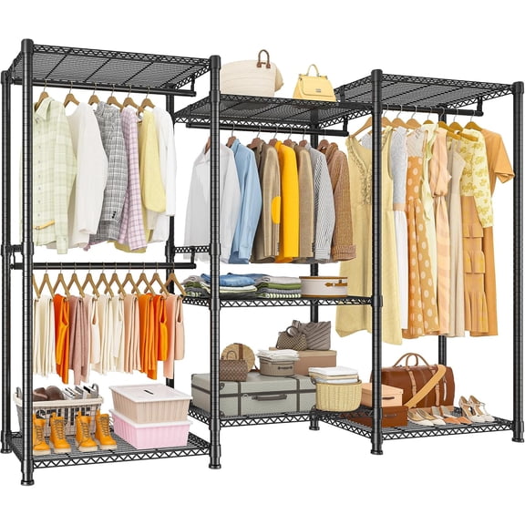 Raybee Clothes Rack Load 900Lbs, Heavy Duty Clothing Rack for Hanging Clothes Freestanding Portable Closet 77" H x 69'' W x 16'' D,Black