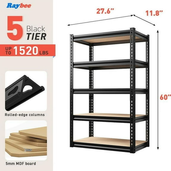 Raybee Garage Shelves Classic 5-Tier Metal Storage Shelving Unit Height Adjustable Versatile Utility Rack Shelf for Craft Warehouse Pantry Kitchen Organiser