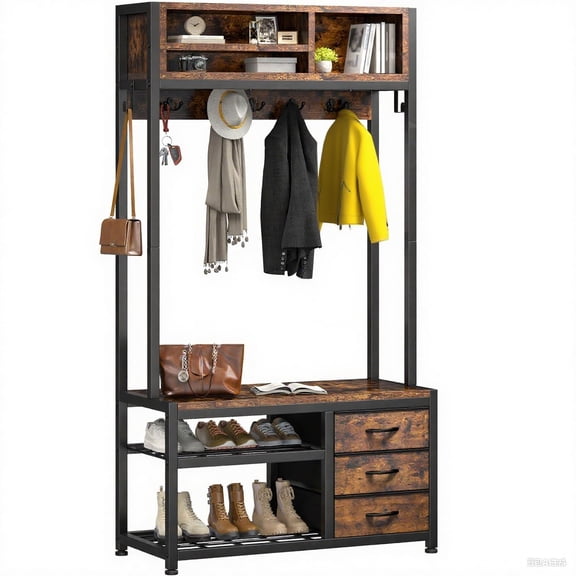 Raybee Hall Tree with Bench and Shoe Storage, Coat Rack Freestanding with 3 Fabric Drawers, Entryway Bench with Shoe Storage, Hall Tree with 12 Hooks for Hallway, Rustic Brown