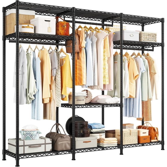 Raybee Heavy Duty Clothes Rack Load 800 LBS, Adjustable Clothing Racks for Hanging Clothes, Clothing Rack with Shelves for Bedroom,Basement 56''W x 15.7''D x 75.4''H, Black