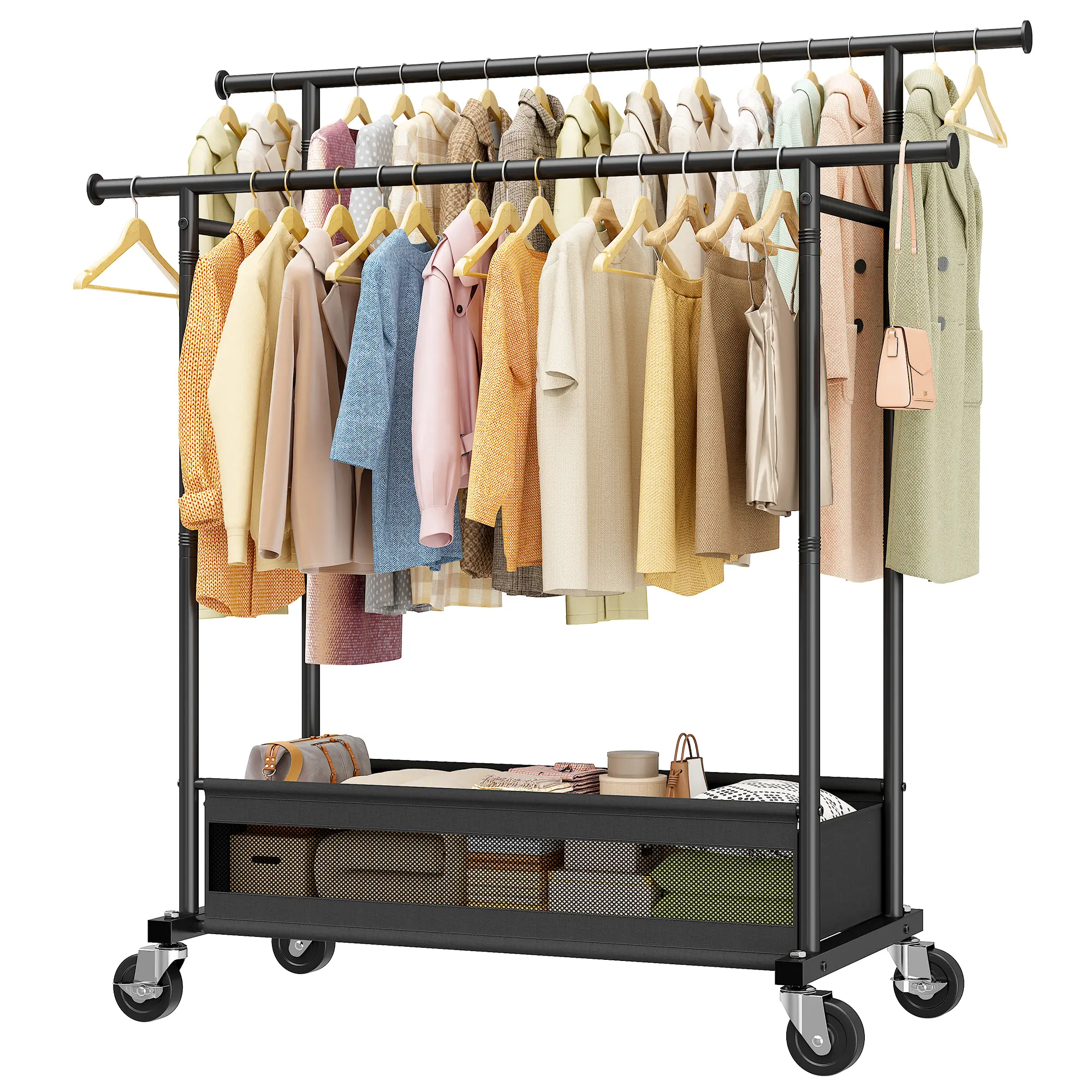 Heavy Duty Clothing Racks with Net Pocket Holds Up to 210lbs,Double Rod ...
