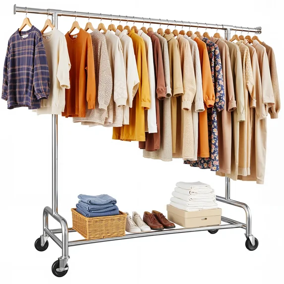 Raybee Heavy Duty Clothing Racks with Net Pocket Holds Up to 210lbs,Double Rod Metal Clothes Rack for Hanging, Rolling Garment Rack with Wheels Portable Closet Racks for Bedroom, Laundry Room,Dorm